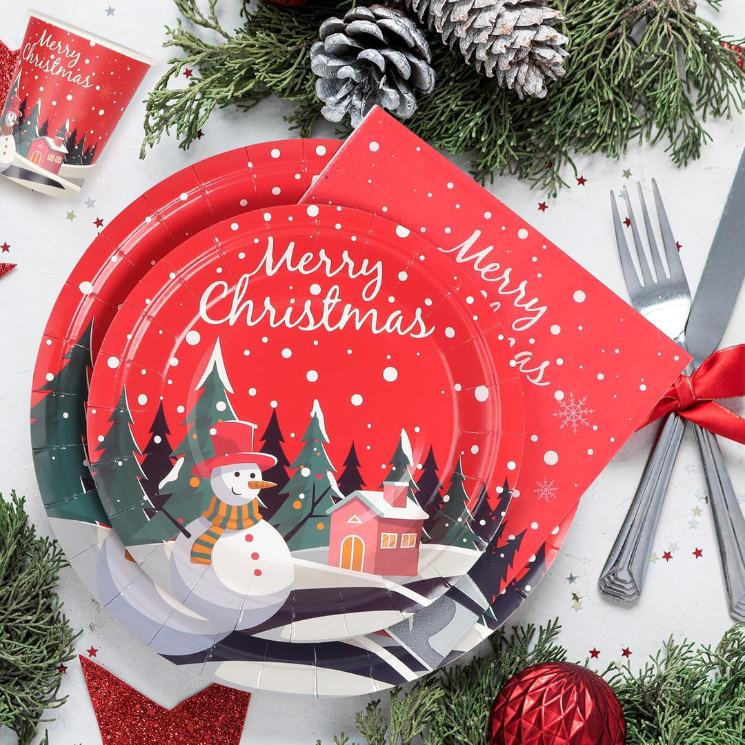 96 Stück Pappteller Weihnachten, Partygeschirr Set Weihnachtsparty Pappteller Servietten Pappbecher
