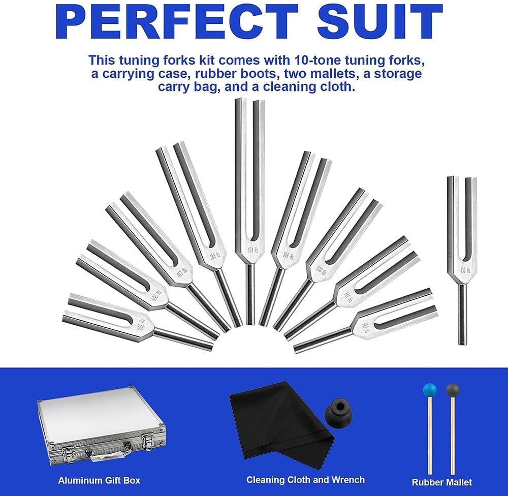 Stimmgabel,Stimmgabel Neurologie, 10er Set mit Sockel + 2 Silikonhämmer und Reinigungstücher, Ideale