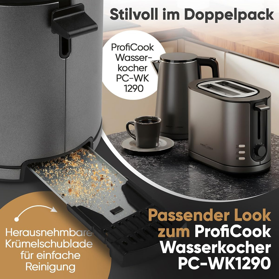 ProfiCook® Toaster 2 Scheiben mit Brötchenaufsatz | mattes Edelstahlgehäuse | 900W | extra breite To