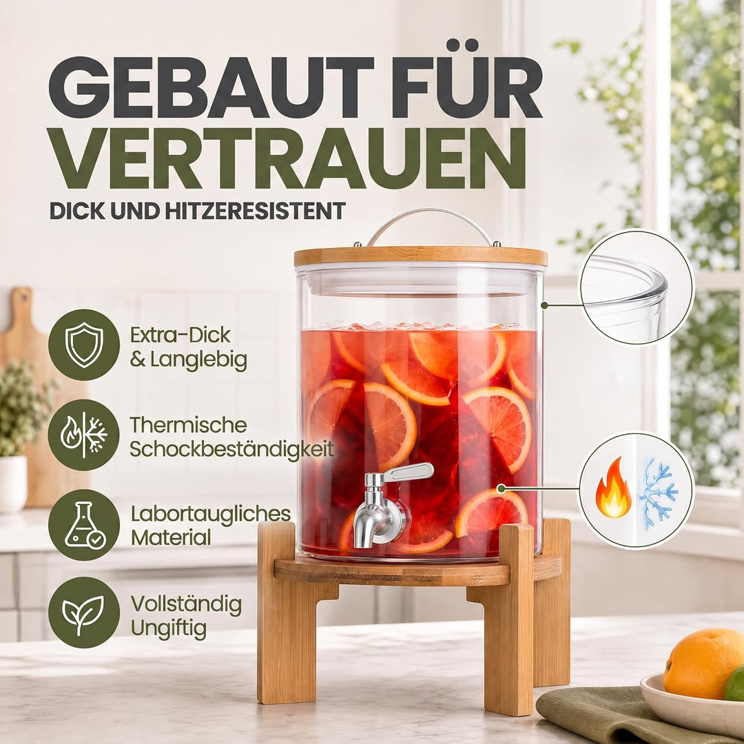 Getränkespender mit tropfsicheren Zapfhahn aus Edelstahl Wasserspender aus Glas mit Bambus Ständer u