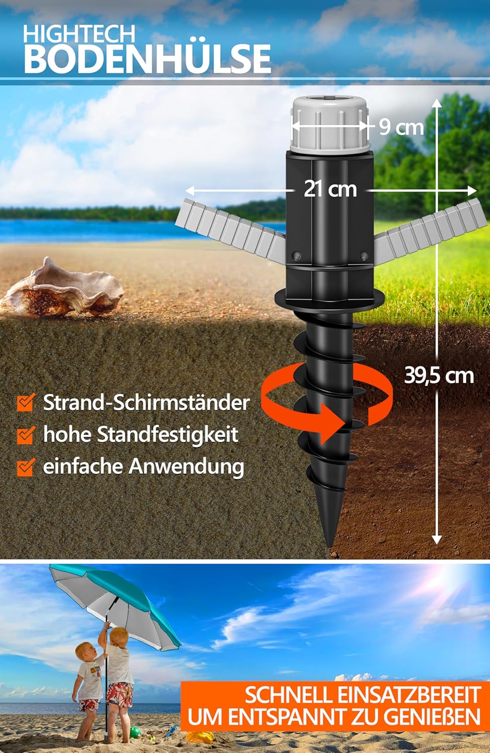 4smile Sonnenschirm Strand Ø 200 cm, 3-in-1 SET mit Bodenhülse, Türkis | UPF 50+ Strandschirm + Sonn