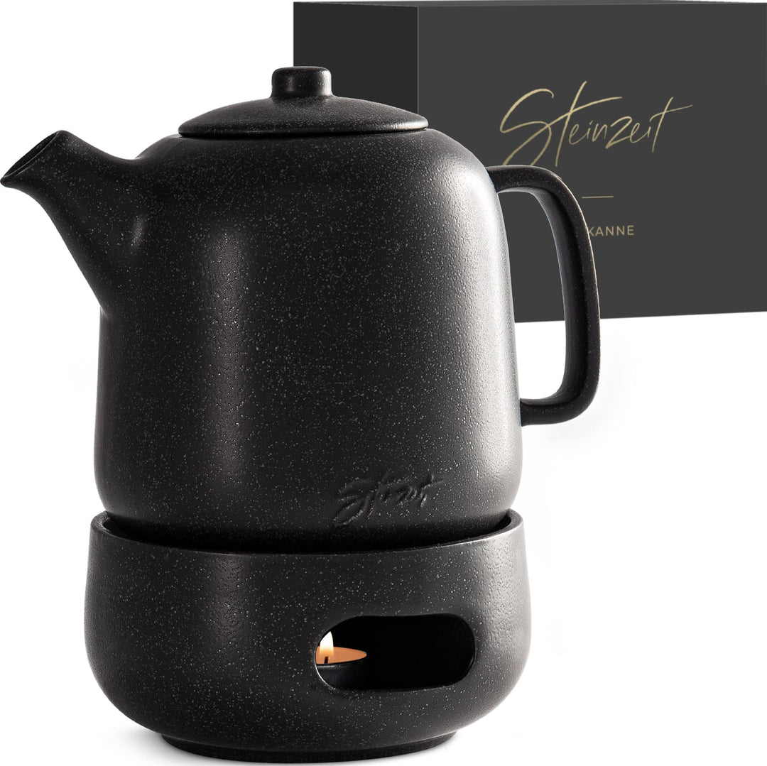 STEINZEIT Design Teekanne mit Stövchen (1,3L) – mit Siebeinsatz aus rostfreiem 304 Edelstahl – Keram