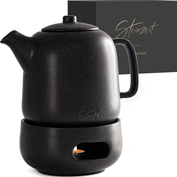 STEINZEIT Design Teekanne mit Stövchen (1,3L) – mit Siebeinsatz aus rostfreiem 304 Edelstahl – Keram