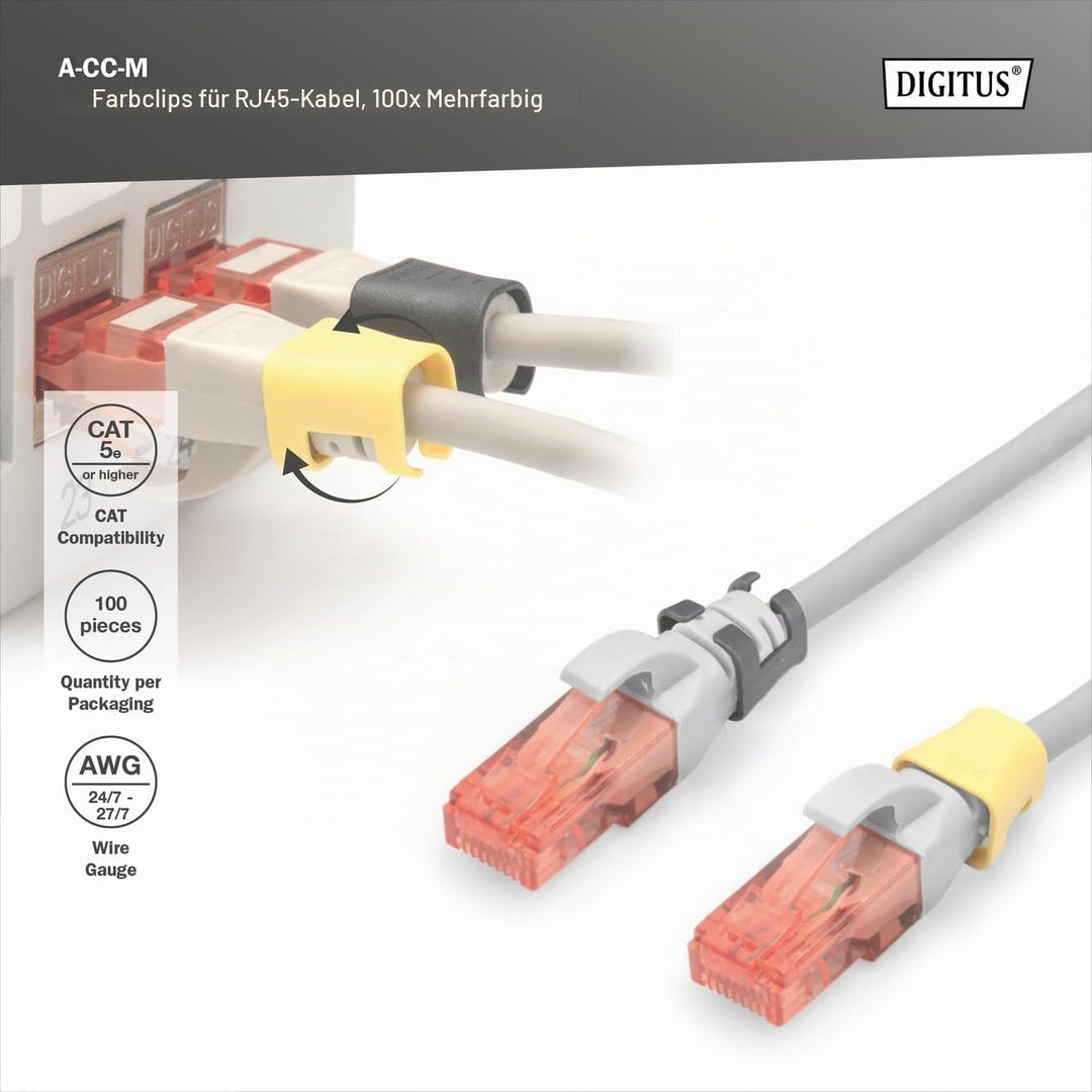 DIGITUS Farbclips für RJ45-Patchkabel - farbliche Organisation von Netzwerkkabeln - zur Verbesserung