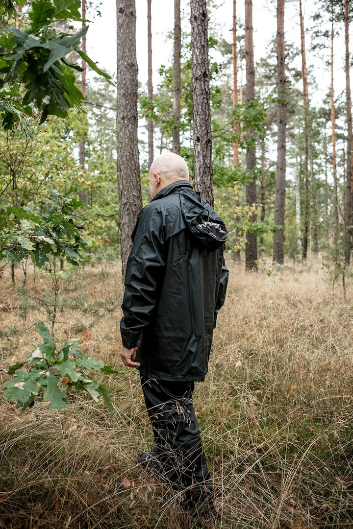 NEO TOOLS Herren Regenset, Regenmantel mit Kapuze und Regenhose, Gr. M-XXXL, verklebte Nähte, Reissv