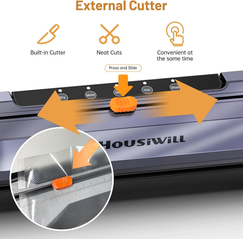 Housiwill Vakuumiergerät, 5-in-1 Vakuumierer mit Eingebauter Cutter, Folienschweissgeräte für Lebens