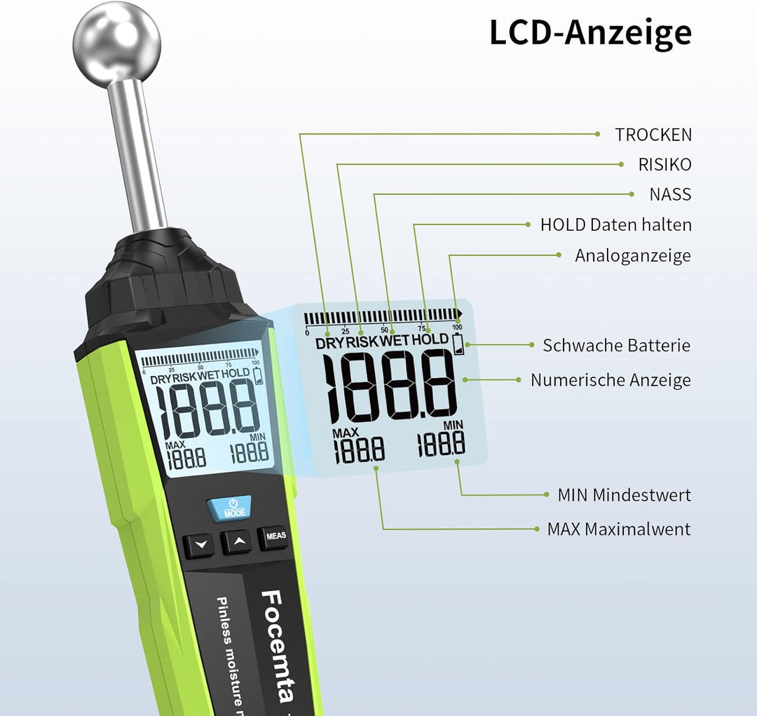 Feuchtemessgerät Focemta 20-40mm Analysetiefe,Feuchtigkeitsmessgerät zerstörungsfreies Messen mit LC