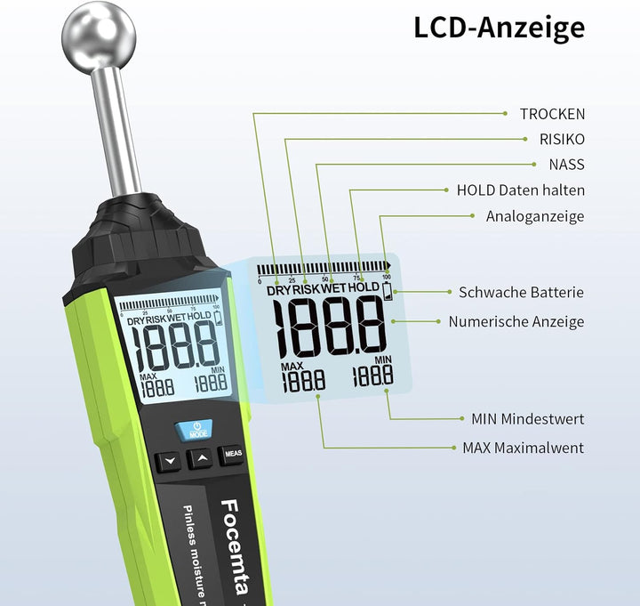 Feuchtemessgerät Focemta 20-40mm Analysetiefe,Feuchtigkeitsmessgerät zerstörungsfreies Messen mit LC