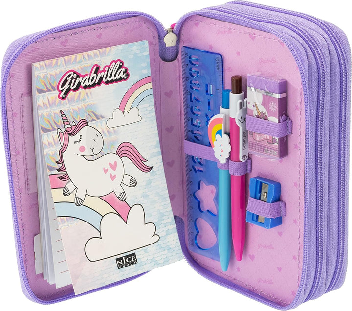 Girabrilla Nice Group Einhorn Federmäppchen mit 3 Fächern für Kinder, Daunenoptik, Violett Federmäpp