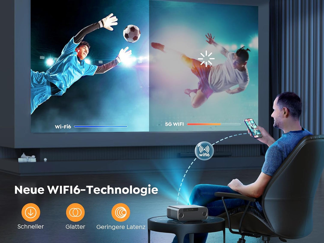 Beamer, [Autofokus/Trapezkorrektur] WiFi6 Bluetooth 1080P Full HD Beamer Heimkino Unterstüt 4K Video