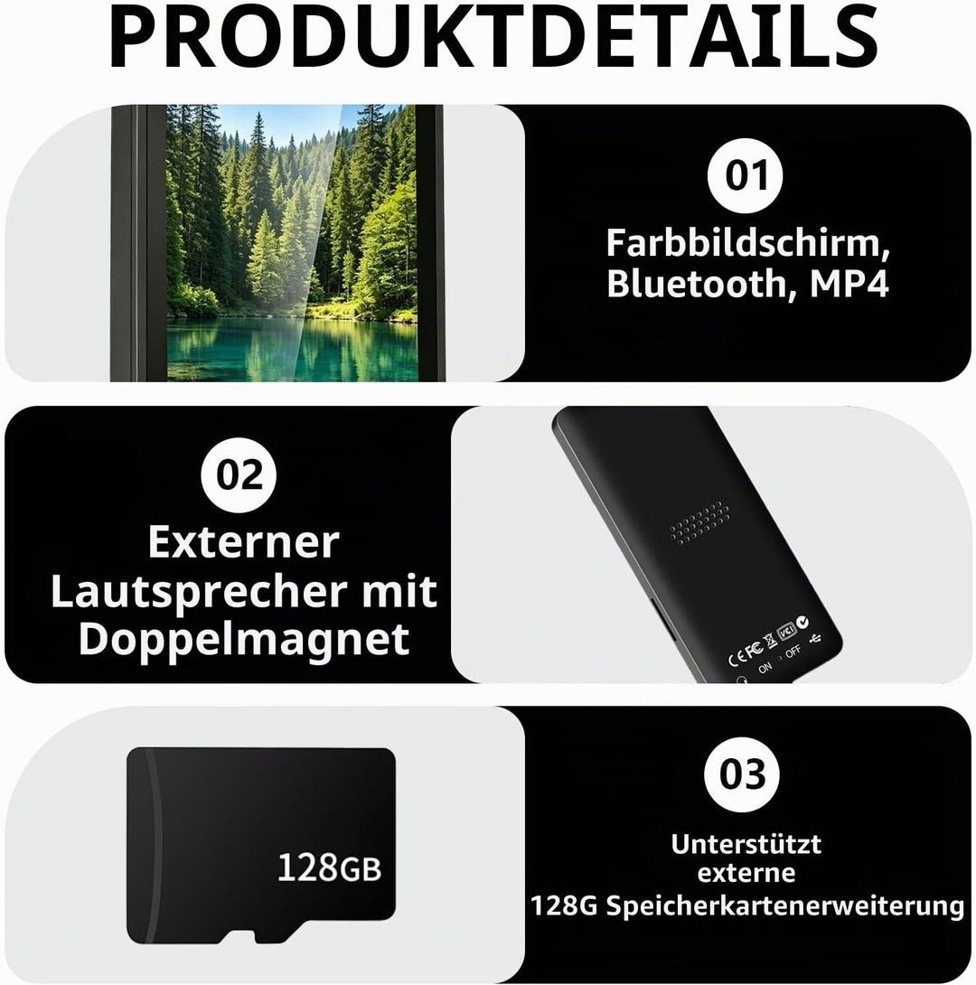 MP3 Player Bluetooth 5.3 128GB mit Lautsprecher, HiFi Musikplayer Tragbar 70H Akku, MP3 Player Sport