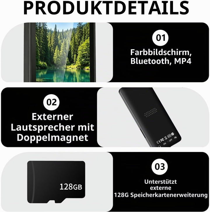 MP3 Player Bluetooth 5.3 128GB mit Lautsprecher, HiFi Musikplayer Tragbar 70H Akku, MP3 Player Sport