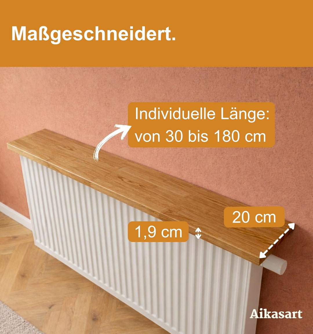 Heizungsregal Eiche Massiv – Ohne Bohren – Individuelle Länge 30-190 cm – Zum Aufstecken – Handgefer