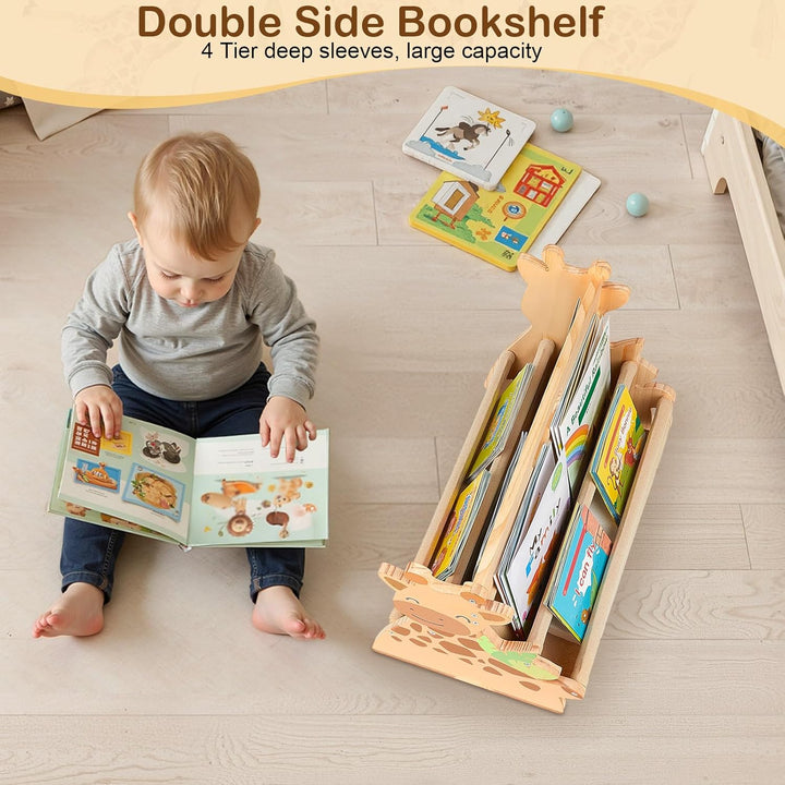 MHJY Bücherregal Kinder, doppelseitiges Holzregal mit robusten Canvas-Taschen, Montessori Stil, trag
