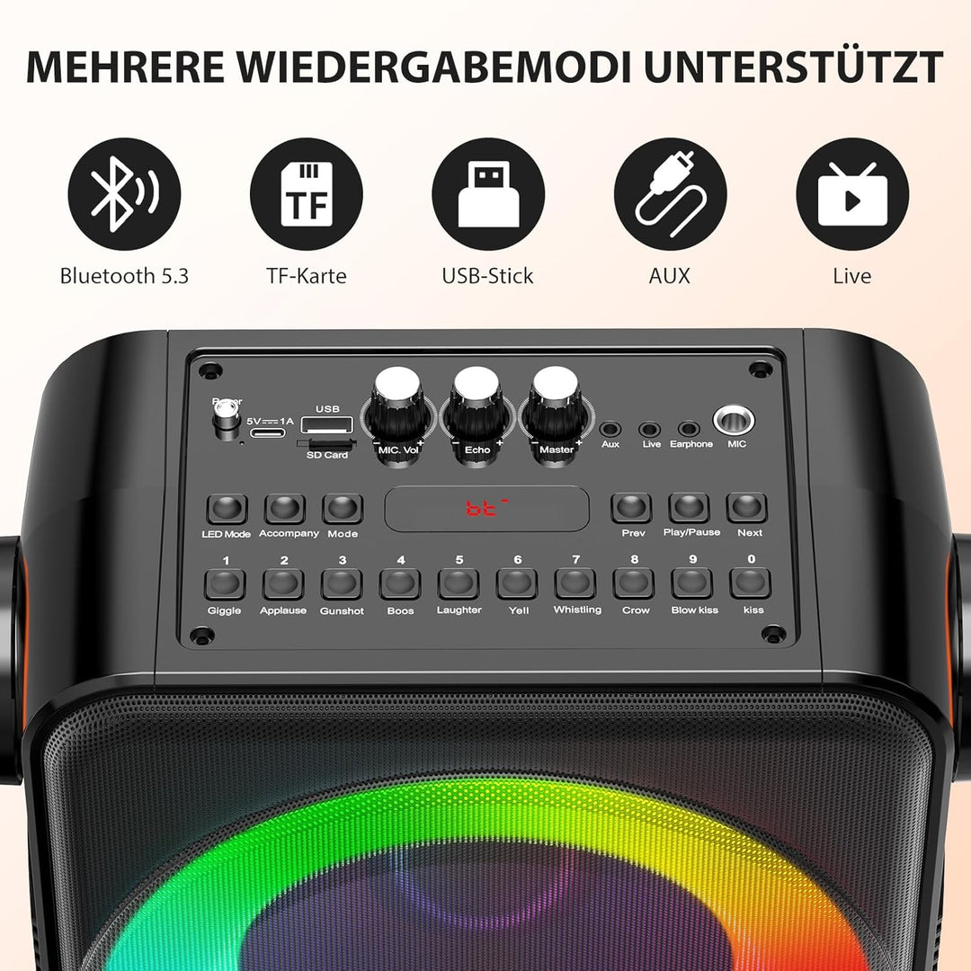Karaoke Maschine mit 2 drahtlosen Mikrofones, Tragbaren Bluetooth 5.3 Karaoke Anlage Lautsprecher mi