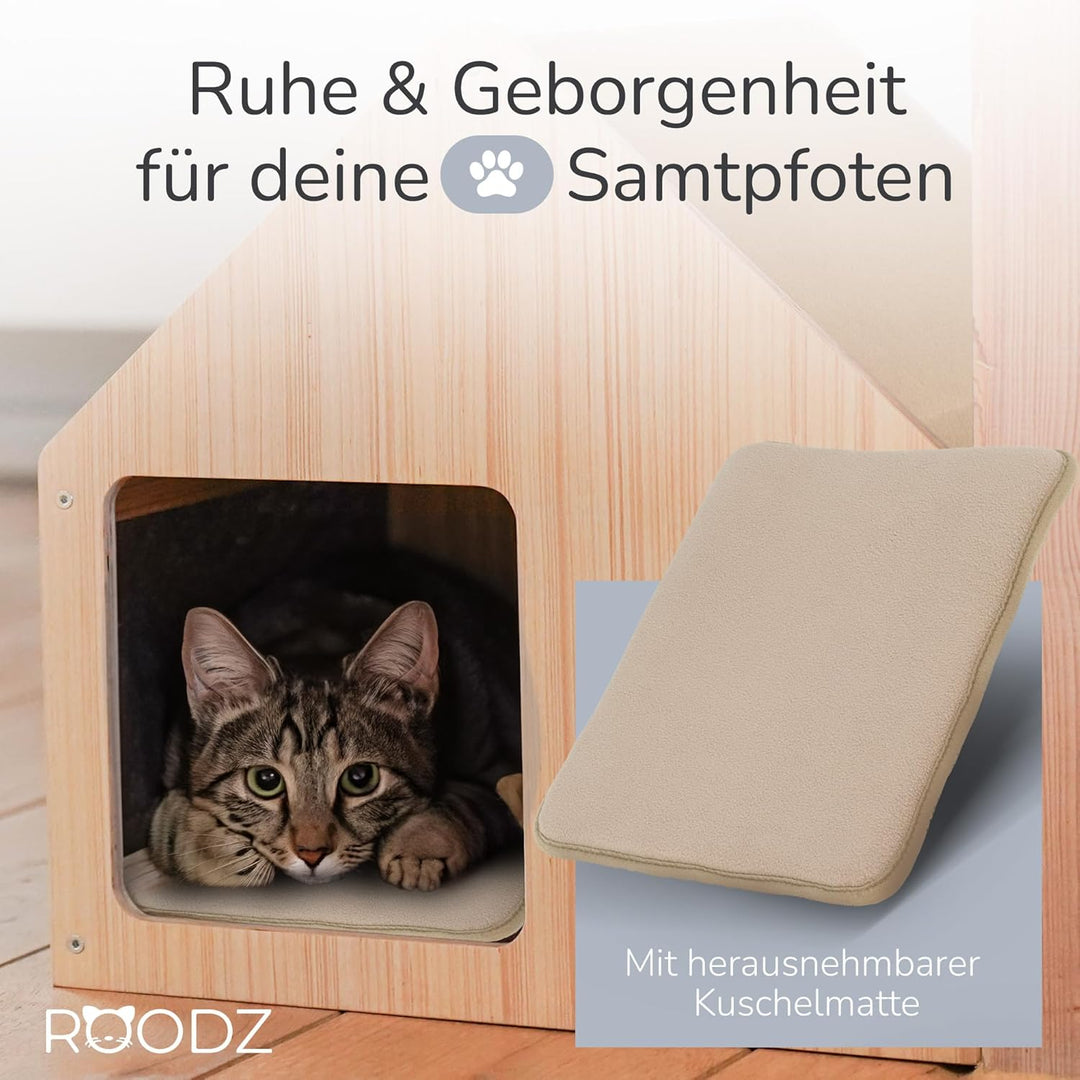 ROODZ 2-in-1 Kratz- & Loungehöhle für Katzen – Echtholz & Kratzvlies – Gemütliche Katzenhöhle Beige,