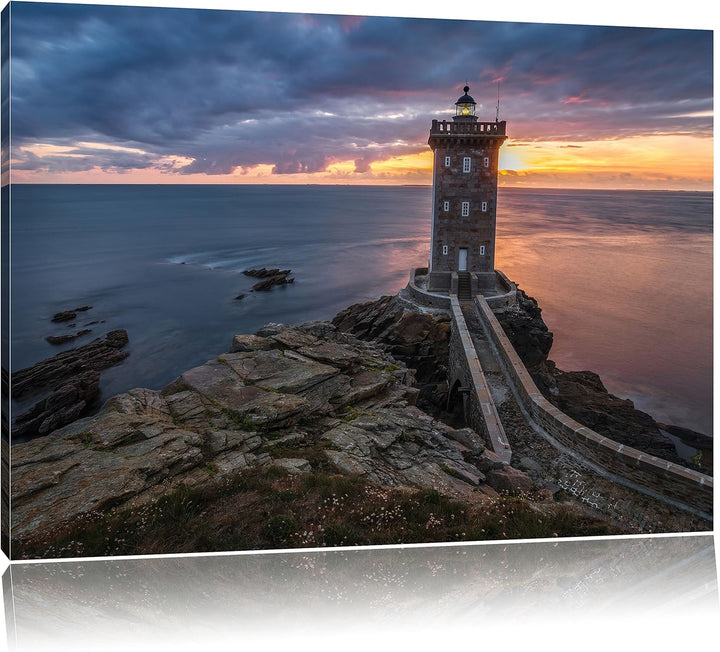 Pixxprint Leuchtturm im Sonnenuntergang, Format: 100x70 auf Leinwand, 100x70