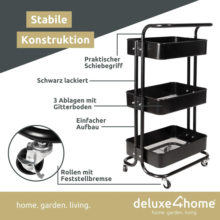 holz4home deluxe4home® Rollwagen mit 3 Ebenen I Servierwagen Küchenwagen mit Griff I Rollen mit Brem