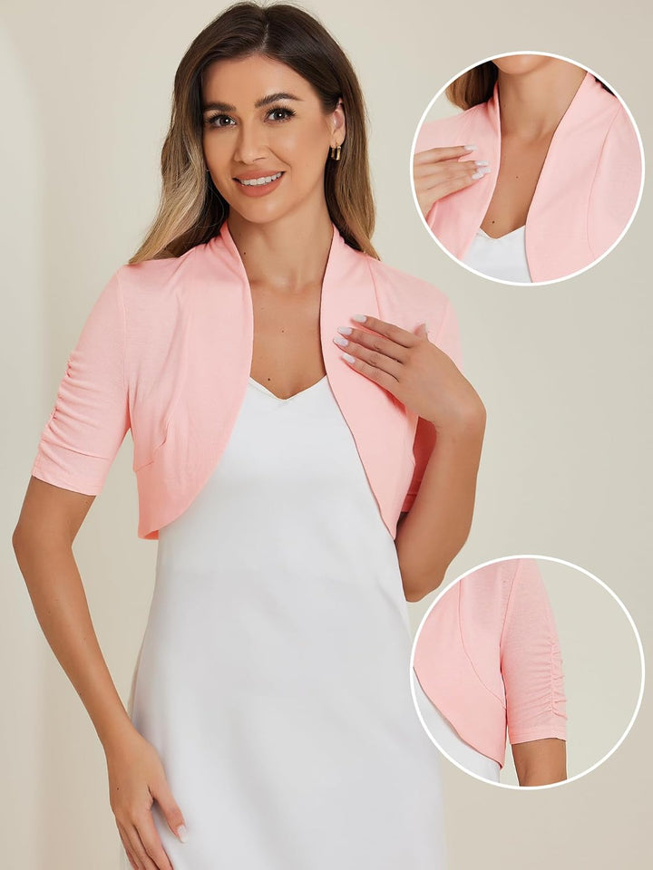 Allegra K Damen Kurzarm Elegant Rüschen Festlich Bolero Vorne Offen Crop Jacke Shrug S Rosa, S Rosa