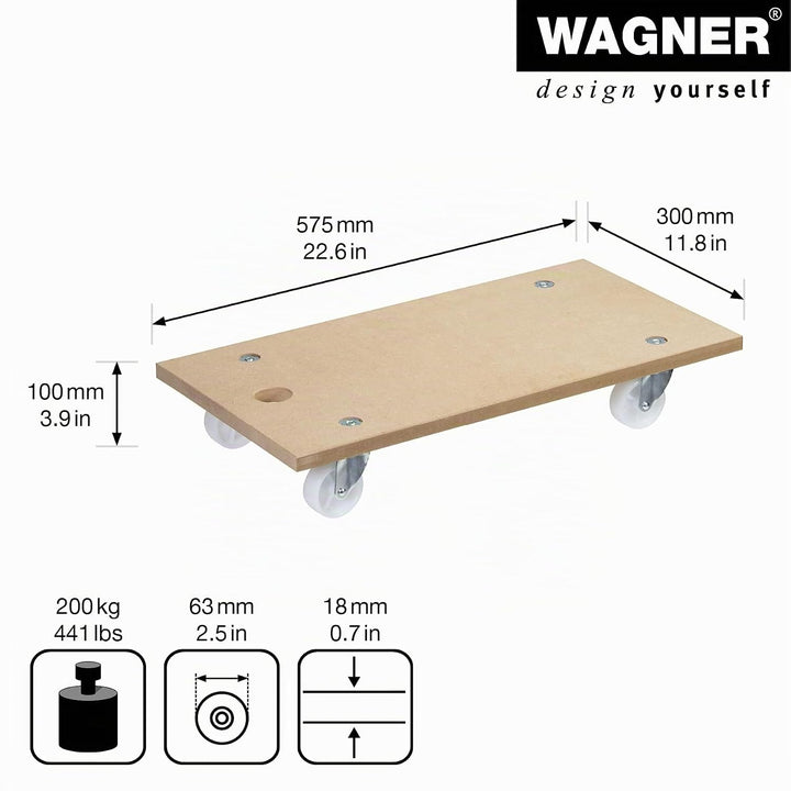 WAGNER Transportroller Transporthilfe 1104 I Plattformwagen für Möbel aus MDF I 57,5 x 30 x 10 cm, T