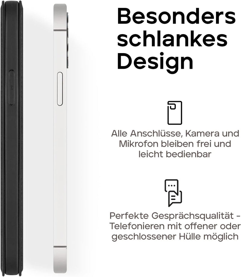 WIIUKA Hülle für iPhone 14, Leder aus Deutschland, mit Kartenfach, extra Dünn, Handyhülle mit Standf