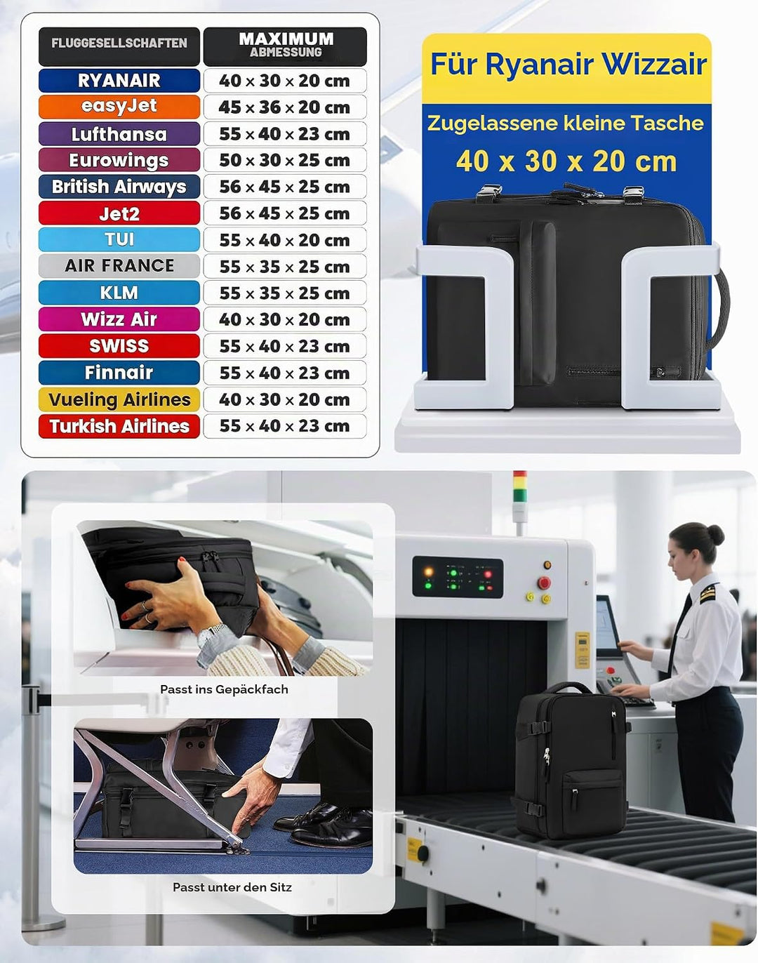 SZLX Vakuum Rucksack mit pumpe Ryanair Handgepäck 40x30x20 Damen Wizzair Handgepäck 40x30x20 Vakuum