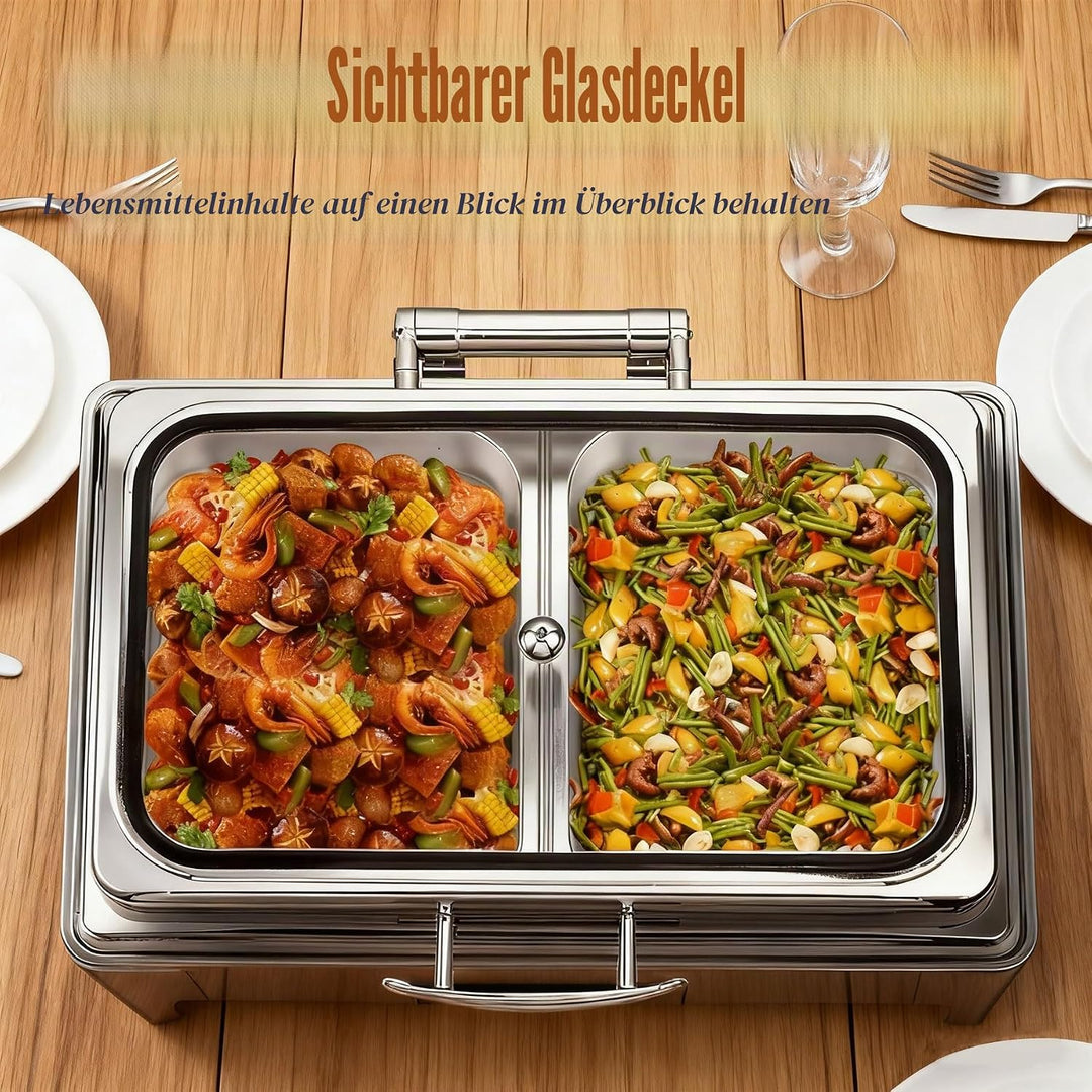 Chafing Dish Elektrisch, 9L Edelstahl Warmhaltebehälter Essen Elektrisch mit Glasdeckel, Speisewärme