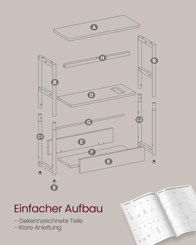 VASAGLE Beistelltisch schmal, Nachttisch mit Ladefunktion, Couchtisch klein, 3 Ablagen, Zeitschrifte