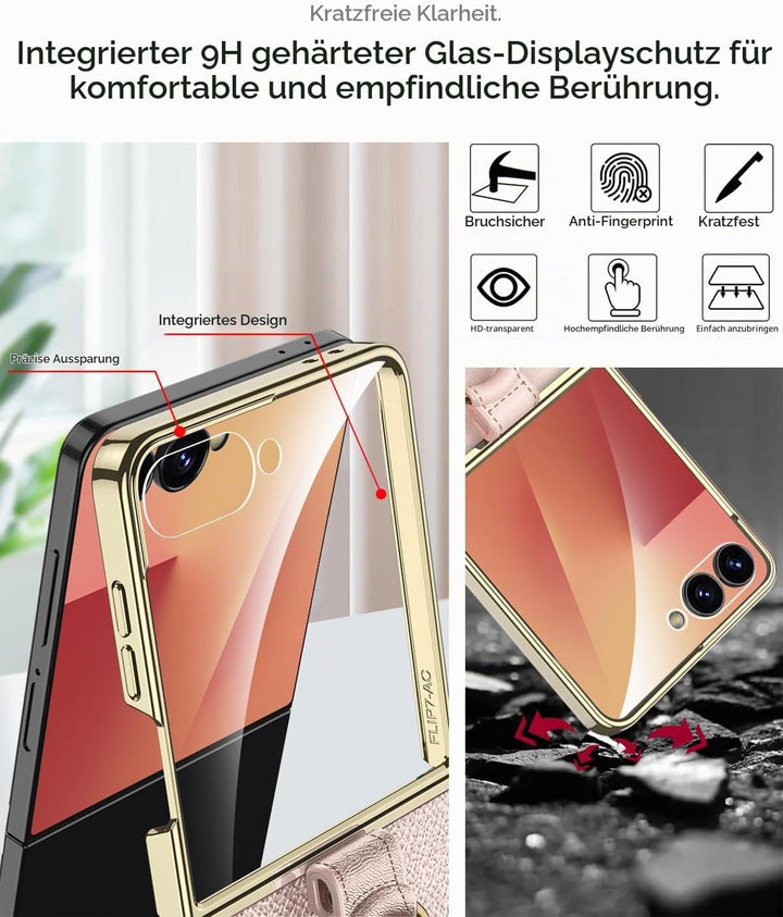 Miimall Lederhülle Kompatibel mit Samsung Galaxy Z Flip 7 Hülle mit Band+Ring Ständer [HD Displaysch