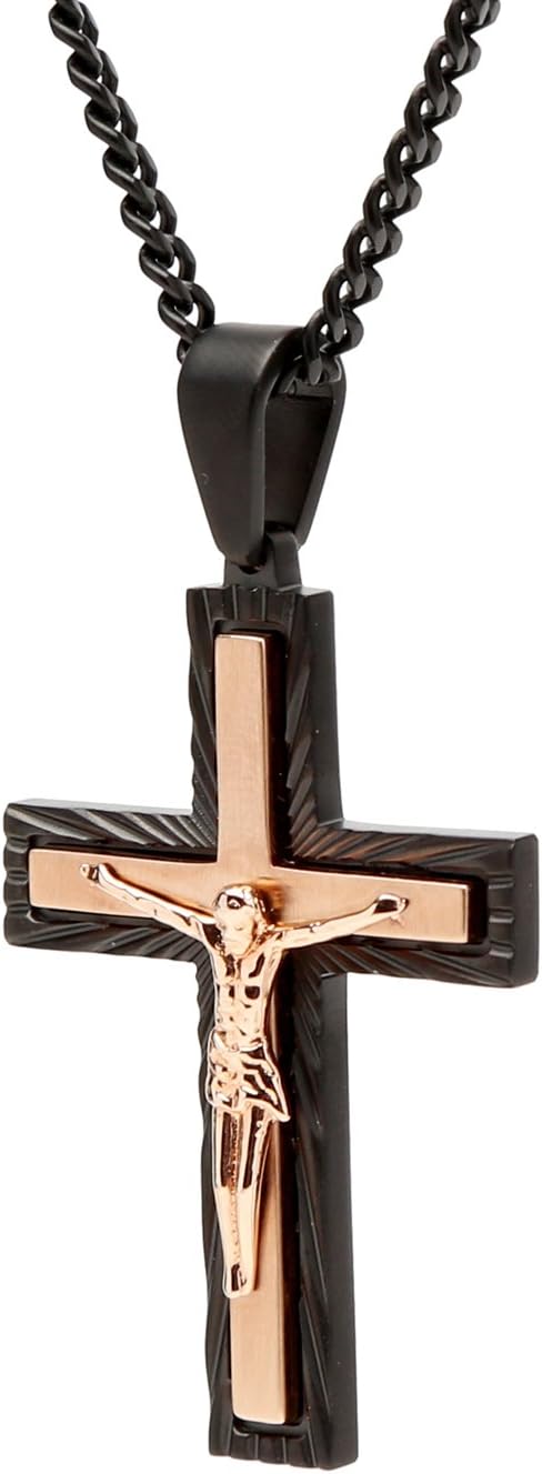 Diamant behandelt Herren Kreuz Halskette mit Schwarz &amp; Rose Gold IP Plating. Die Edelstahl massiv St