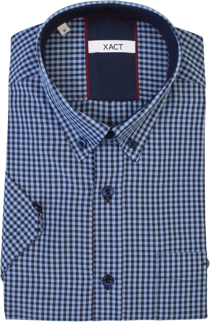 Xact Herren Kurzarmhemd mit Gingham-Karo, Button-Down-Kragen, Normale Passform M Denim Blue/ Navy, M