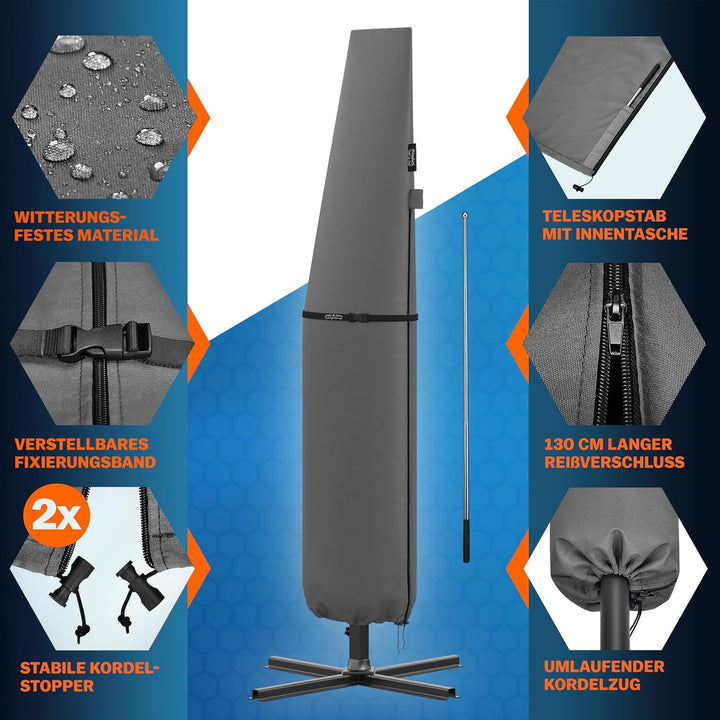KINGSLEEVE® Sonnenschirm Schutzhülle mit Stab bis Ø 350 cm Winterfest Gross Ampelschirm Gartenschirm