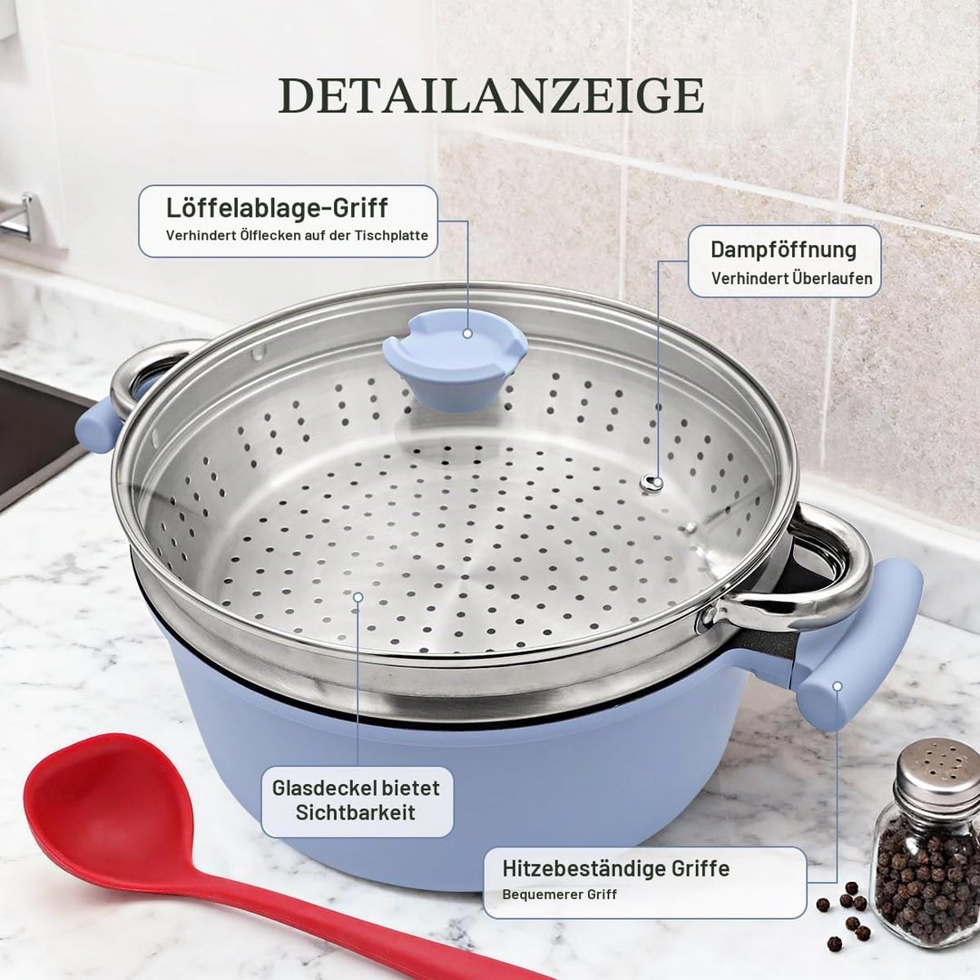 Kochtopf 28 cm mit Deckel, Grosser 6L Stielkasserolle mit Dampfkorb Antihaftbeschichtung-Kasserolle