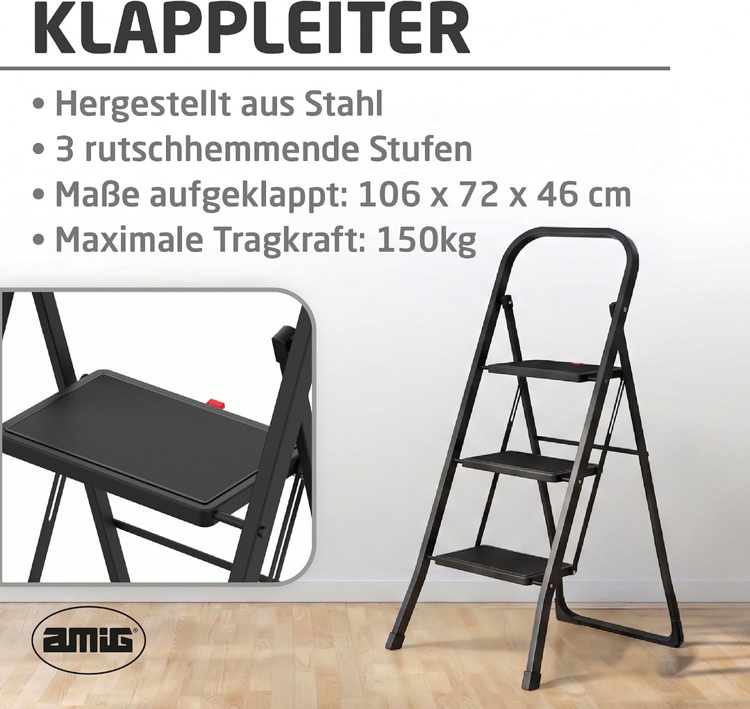 Amig Klappleiter 3 Stufen Schwarz Stahl 106x72x46 cm | Lasche für einfaches Zusammenklappen. Rutschf