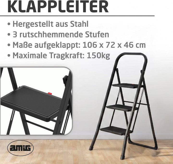 Amig Klappleiter 3 Stufen Schwarz Stahl 106x72x46 cm | Lasche für einfaches Zusammenklappen. Rutschf