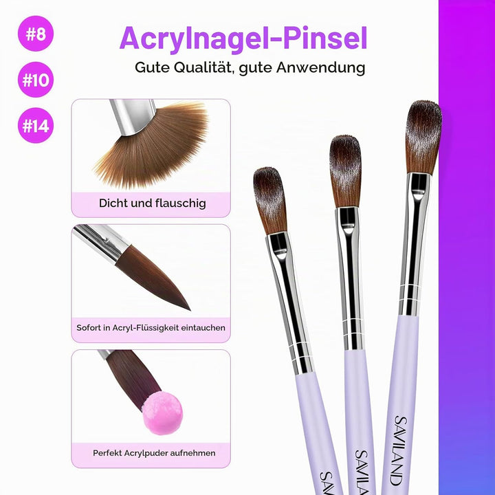 SAVILAND Acryl Liquid für Nägel – 240ML Acryl Liquid mit 3 Acryl Pinsel Grösse (8/10/14) für Acryl A
