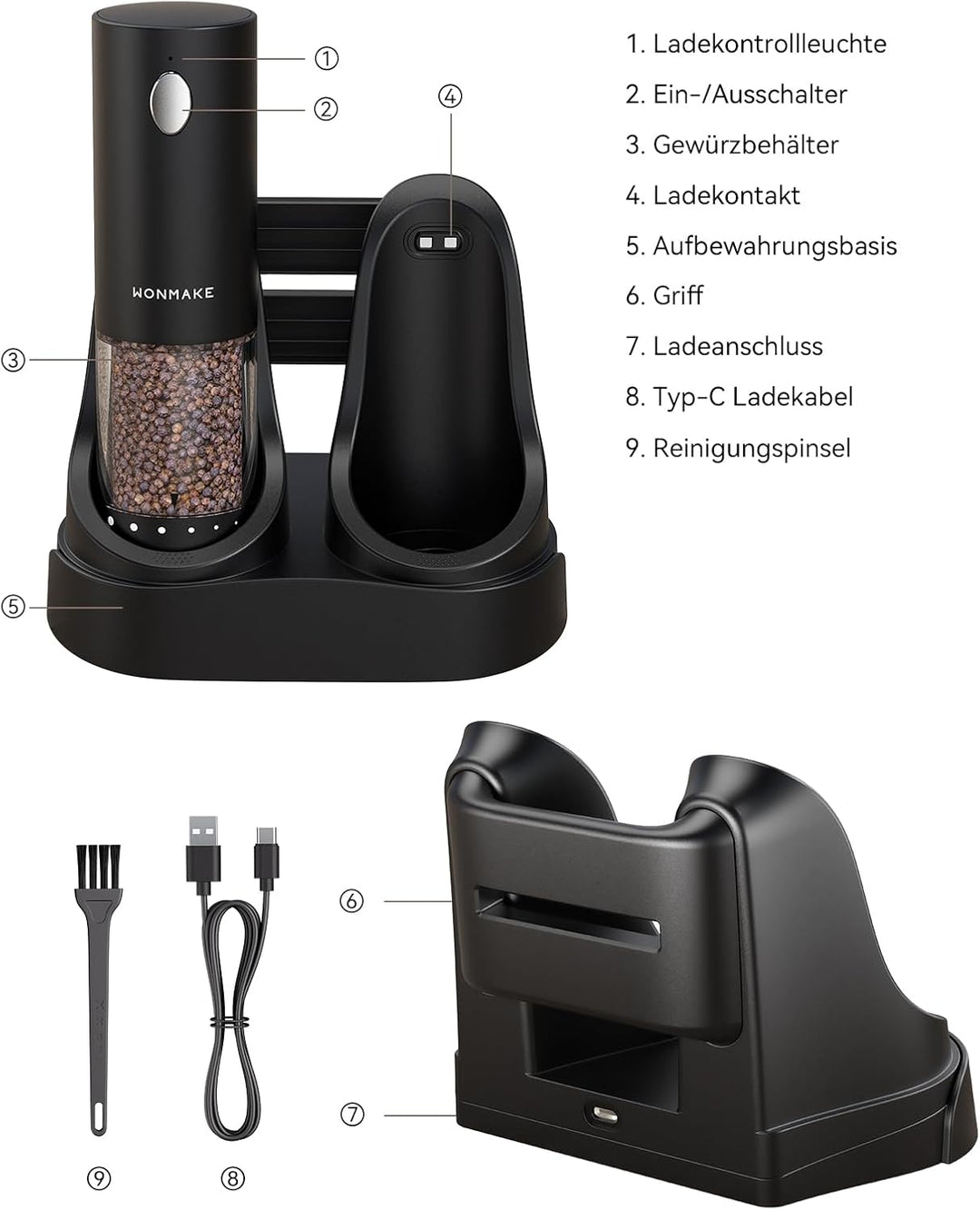 WONMAKE Salz und Pfeffermühle Elektrisch, Elektrische Gewürzmühle Set USB Wiederaufladbar Keramikmah