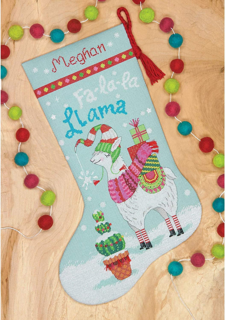Dimensions 70-08977, Blau, Kreuzstich Fa La Llama, personalisiertes Weihnachtsstrumpf-Set, 14 Zählmu