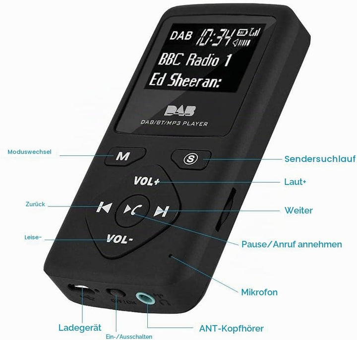 Richer-R DAB Pocket Digitalradio, Tragbare 1,8-Zoll LCD DAB/DAB+ Pocket Digital Radio Bluetooth MP3-