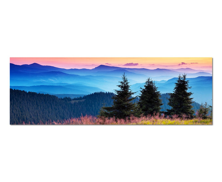 Paul Sinus Art Panoramabild auf Leinwand und Keilrahmen 150x50cm Ukraine Wald Wiese Dunst Sonnenaufg