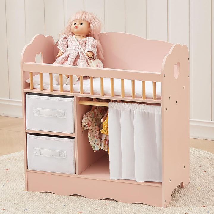 OOOK Puppenbett Holz, Baby Born Bett mit Kleiderschrank, Puppenbett und Puppenkleiderschrank mit 2 A