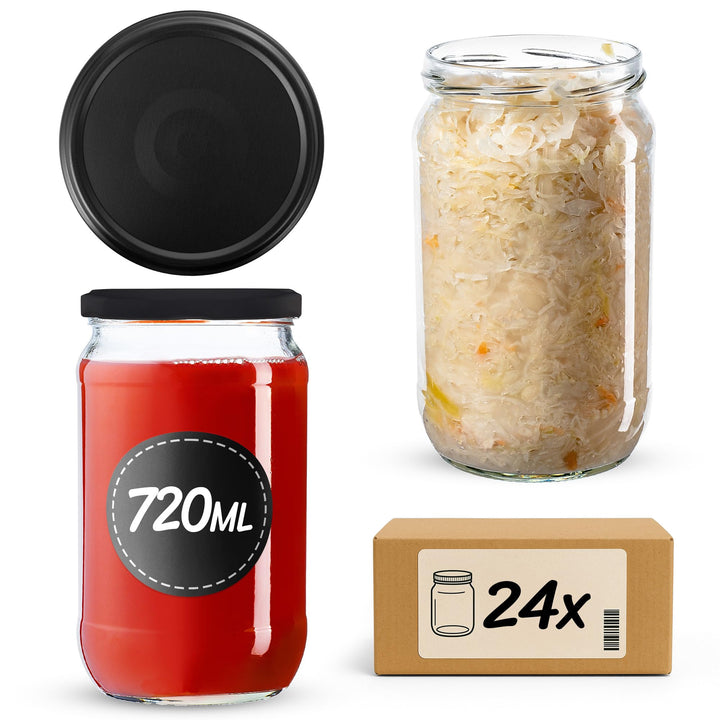 KADAX 24er Set Einmachgläser 720ml TO82 Schwarz matt, Grosse Sturzgläser mit Schraubdeckel, Einkochg