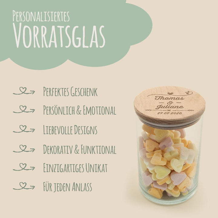 GRAVURZEILE Vorratsglas mit graviertem Holzdeckel - Wedding Design - Personalisiert mit Name & Datum