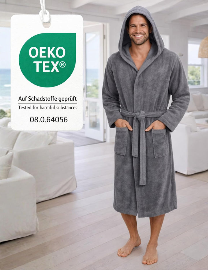 Morgenstern Bademantel Herren Kapuze Frottee 100% Baumwolle Lang Cadiz Salamanca XL Grau, XL Grau