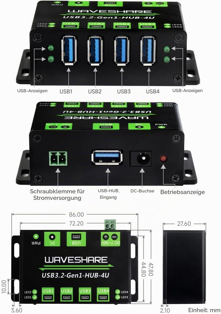 Waveshare 4-Ch USB 3.2 Gen1 HUB, Metal Case with Wall-Mount Support, Driver-Free, Plug-and-Play, Com