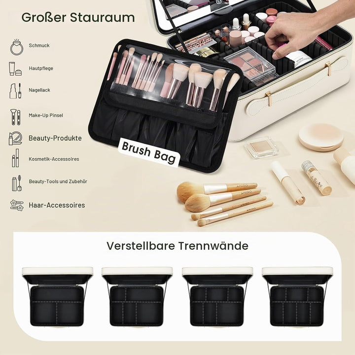 Leder-Kosmetiktasche mit LED-beleuchtetem Spiegel Reise-Kosmetikkoffer Einstellbare Helligkeit in 3