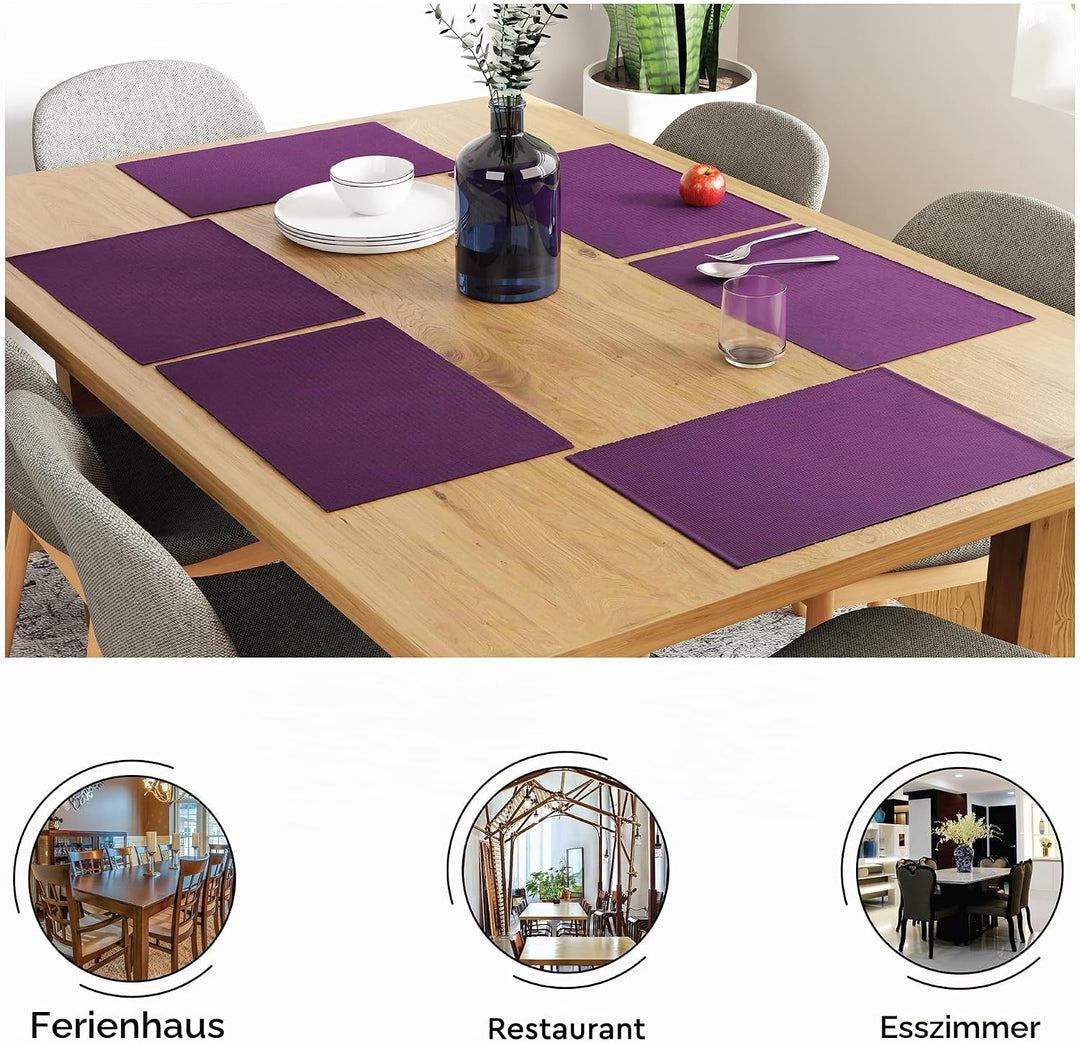 Encasa XO Platzsets Esstisch Set von 6 | Lila | Fein gerippte Baumwoll-Tischunterlage | Grösse 48x32