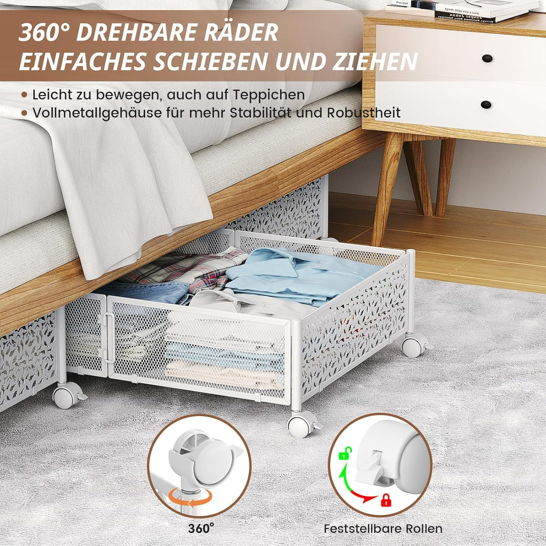PHINOX Unterbett-Aufbewahrungsbox mit Rollen, 4 Stück faltbare Metall-Unterbettkommode zur Kleiderau