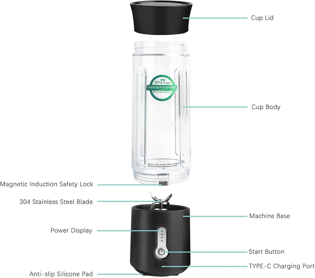 Talifoca 500ml Tragbarer Mixer für Smoothies und Shakes, Standmixer To Go mit 6-Klingen Edelstahl, W