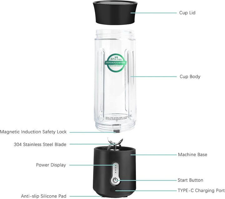 Talifoca 500ml Tragbarer Mixer für Smoothies und Shakes, Standmixer To Go mit 6-Klingen Edelstahl, W